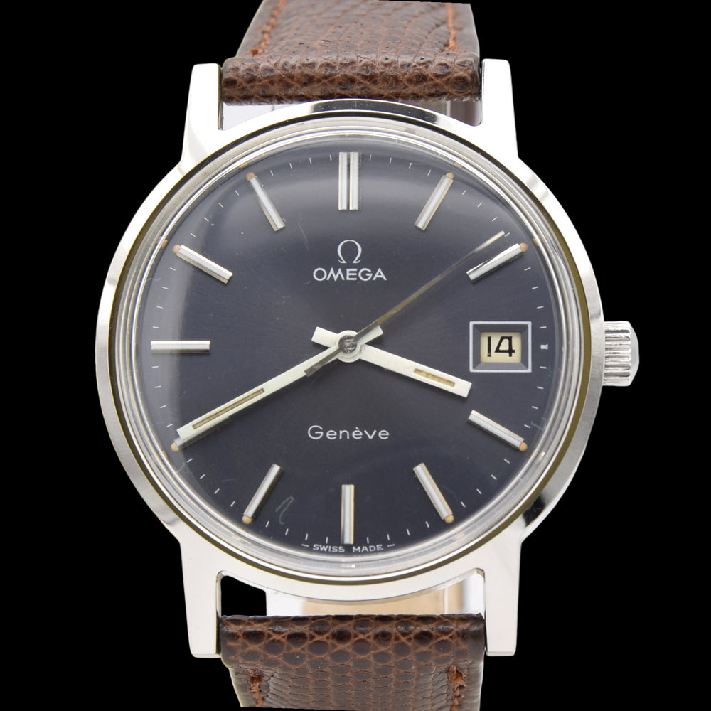 1974 Omega Genève Date Classic Wristwatch with deep seam blue dial Manual Wind Model 136.009 in steel