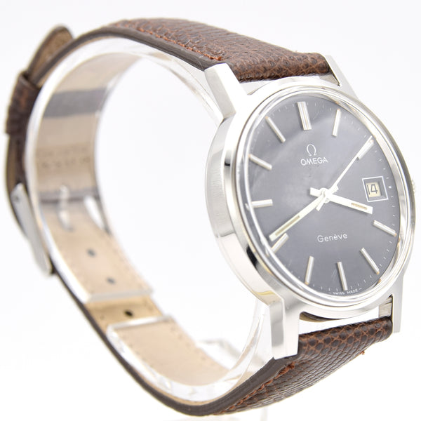 1974 Omega Genève Date Classic Wristwatch with deep seam blue dial Manual Wind Model 136.009 in steel