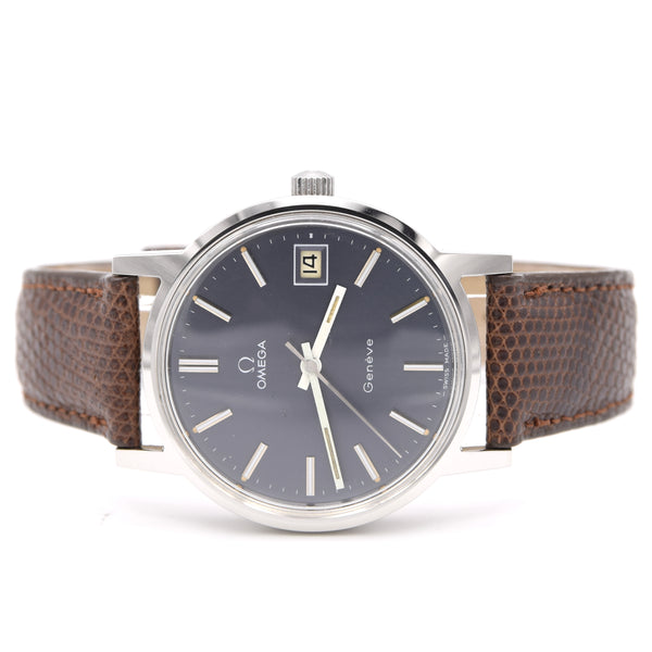 1974 Omega Genève Date Classic Wristwatch with deep seam blue dial Manual Wind Model 136.009 in steel