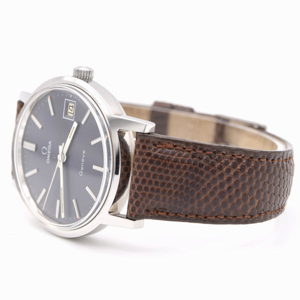 1974 Omega Genève Date Classic Wristwatch with deep seam blue dial Manual Wind Model 136.009 in steel