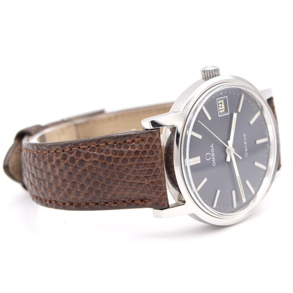 1974 Omega Genève Date Classic Wristwatch with deep seam blue dial Manual Wind Model 136.009 in steel