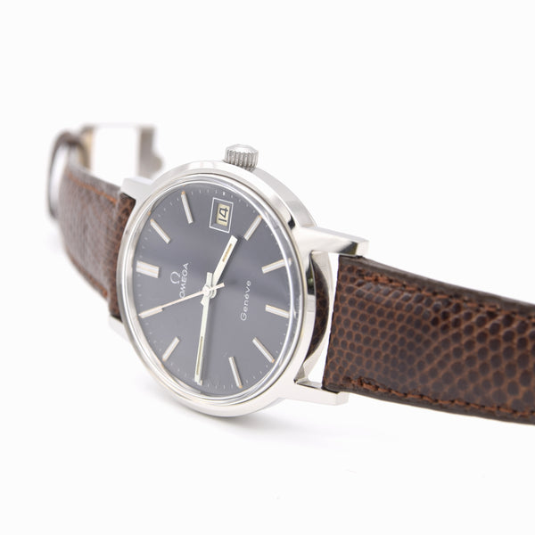1974 Omega Genève Date Classic Wristwatch with deep seam blue dial Manual Wind Model 136.009 in steel