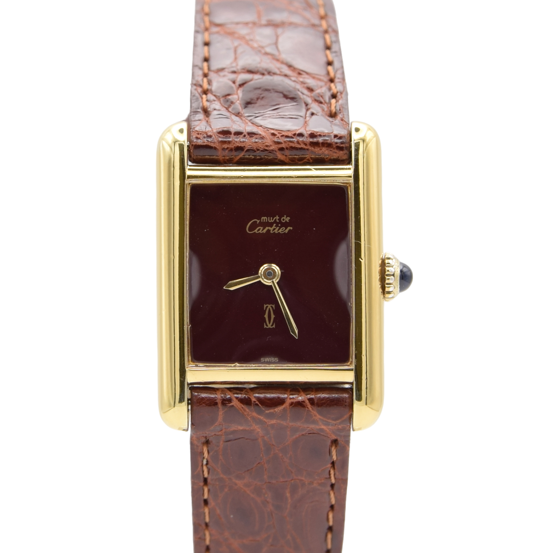 1970s Cartier Ladies Tank Mechanical with Unique Burgundy Red Patina Dial in 925 Sterling Silver Gilt Vermeil Case