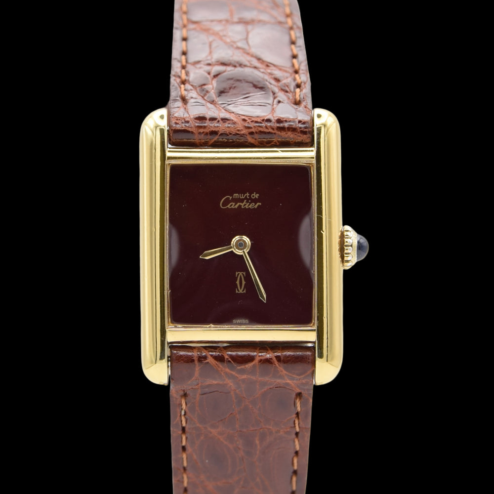 1970s Cartier Ladies Tank Mechanical with Unique Burgundy Red Patina Dial in 925 Sterling Silver Gilt Vermeil Case