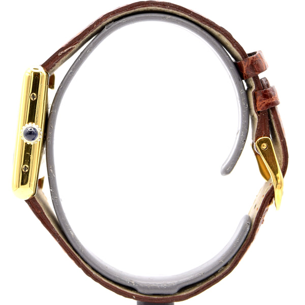 1970s Cartier Ladies Tank Mechanical with Unique Burgundy Red Patina Dial in 925 Sterling Silver Gilt Vermeil Case