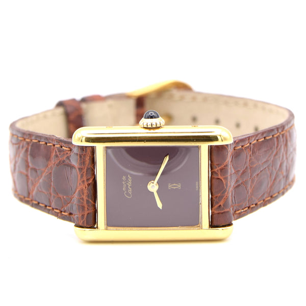 1970s Cartier Ladies Tank Mechanical with Unique Burgundy Red Patina Dial in 925 Sterling Silver Gilt Vermeil Case