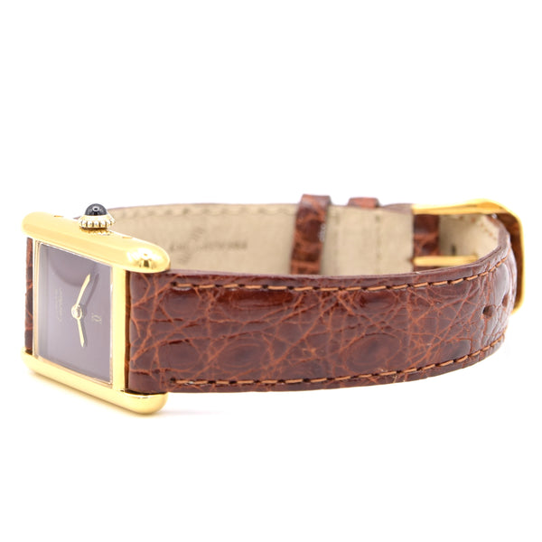 1970s Cartier Ladies Tank Mechanical with Unique Burgundy Red Patina Dial in 925 Sterling Silver Gilt Vermeil Case