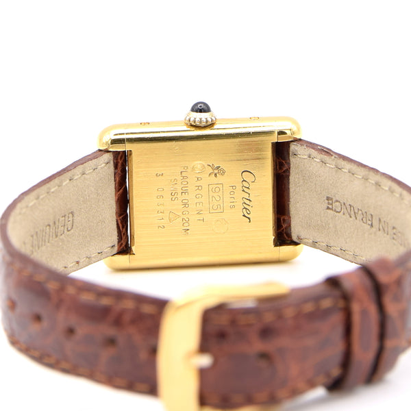 1970s Cartier Ladies Tank Mechanical with Unique Burgundy Red Patina Dial in 925 Sterling Silver Gilt Vermeil Case