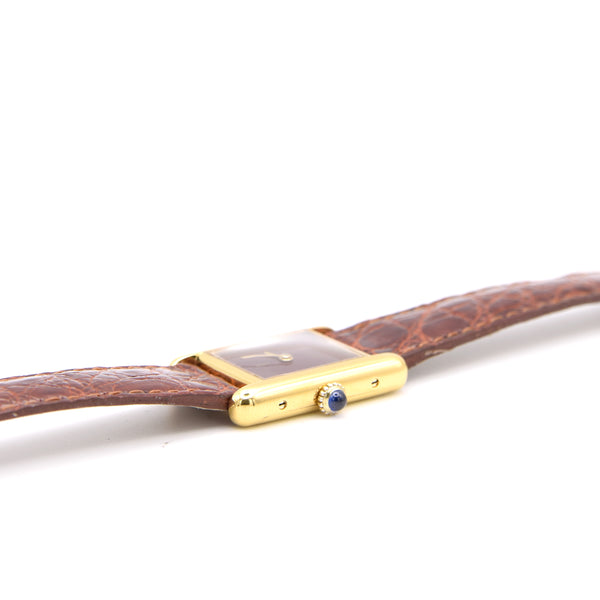 1970s Cartier Ladies Tank Mechanical with Unique Burgundy Red Patina Dial in 925 Sterling Silver Gilt Vermeil Case