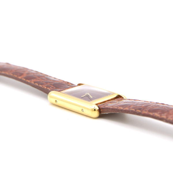 1970s Cartier Ladies Tank Mechanical with Unique Burgundy Red Patina Dial in 925 Sterling Silver Gilt Vermeil Case