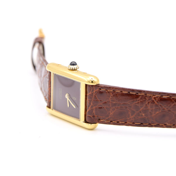 1970s Cartier Ladies Tank Mechanical with Unique Burgundy Red Patina Dial in 925 Sterling Silver Gilt Vermeil Case