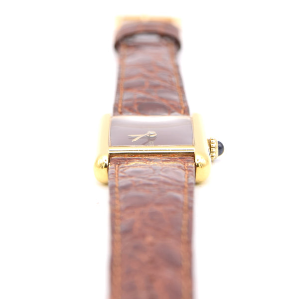 1970s Cartier Ladies Tank Mechanical with Unique Burgundy Red Patina Dial in 925 Sterling Silver Gilt Vermeil Case