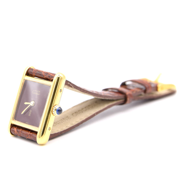 1970s Cartier Ladies Tank Mechanical with Unique Burgundy Red Patina Dial in 925 Sterling Silver Gilt Vermeil Case