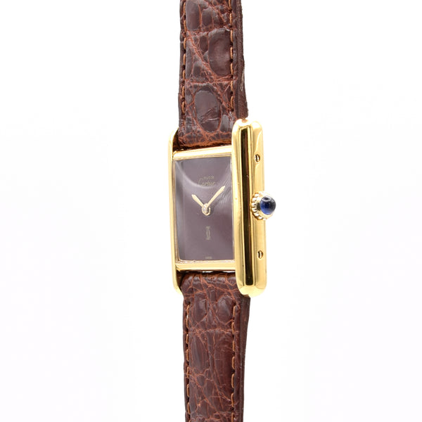 1970s Cartier Ladies Tank Mechanical with Unique Burgundy Red Patina Dial in 925 Sterling Silver Gilt Vermeil Case