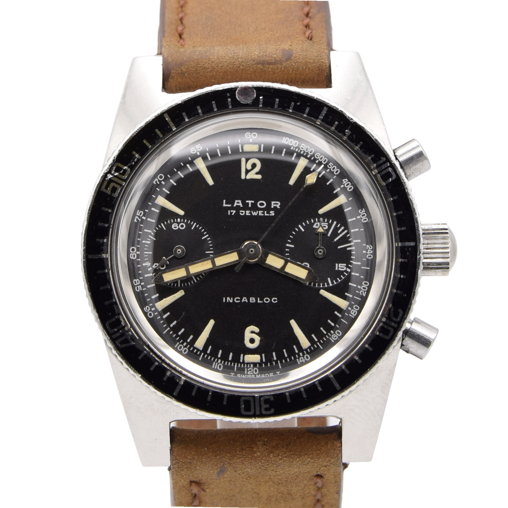 1960s Rare Lator Chronograph Dive Style Watch with stunning original Black Dial in Stainless Steel