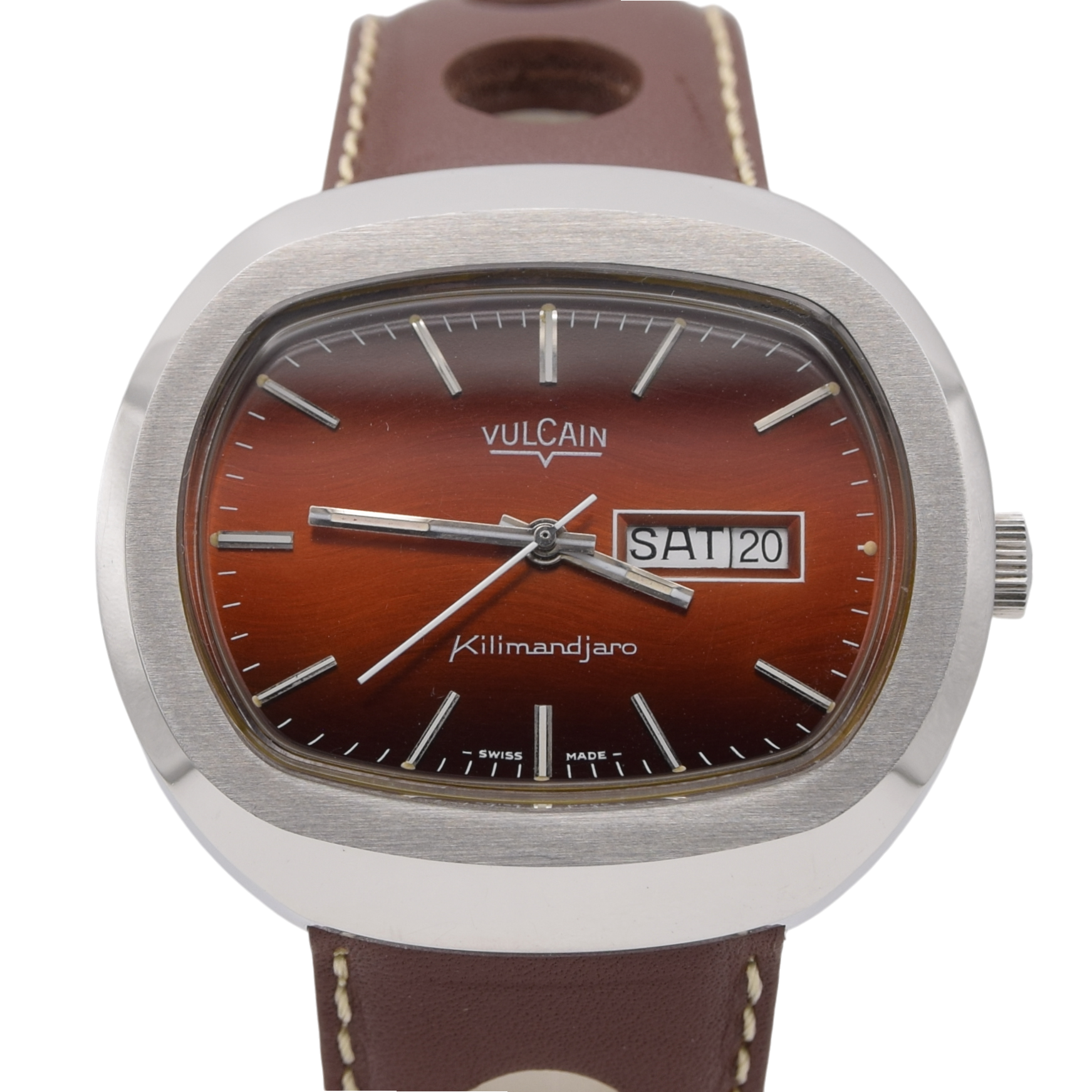 1970s Vulcain Kilimandjaro Fumé 'Lava Red' Day Date automatic watch in Stainless Steel - Unused