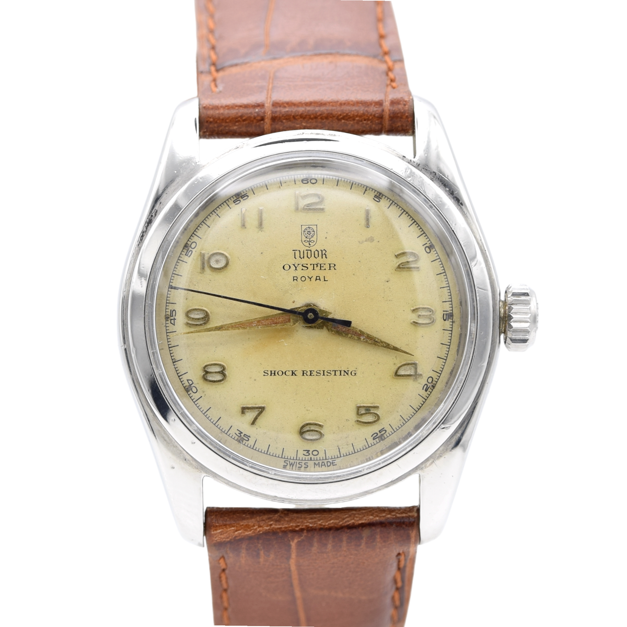 1950 Tudor Oyster Royal Shock-Resisting 'All Arabic numerals' Steel Wristwatch Model 7804 34mm All original patina