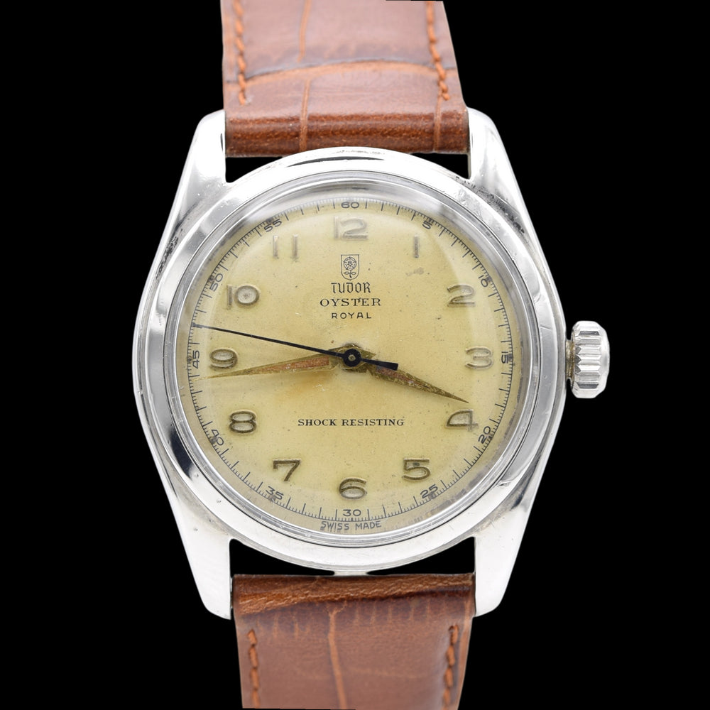 1950 Tudor Oyster Royal Shock-Resisting 'All Arabic numerals' Steel Wristwatch Model 7804 34mm All original patina