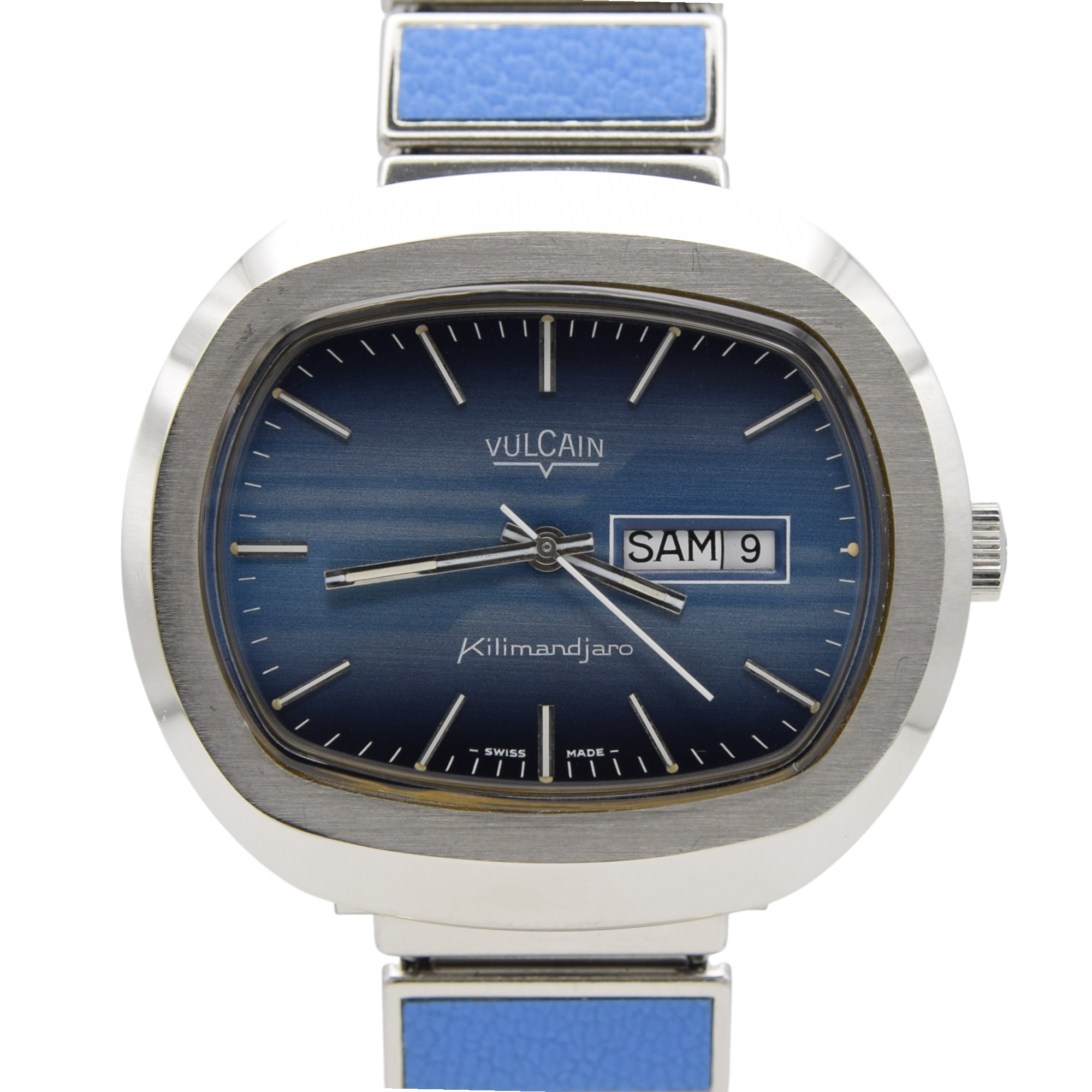 1970s Vulcain Kilimandjaro  'Sunburst Blue' Day Date automatic watch in Stainless Steel