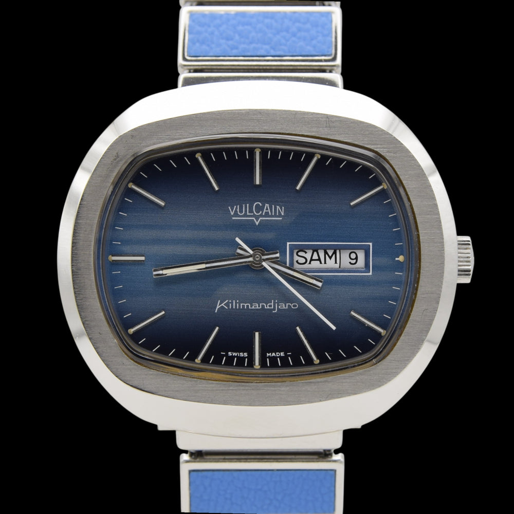 1970s Vulcain Kilimandjaro  'Sunburst Blue' Day Date automatic watch in Stainless Steel