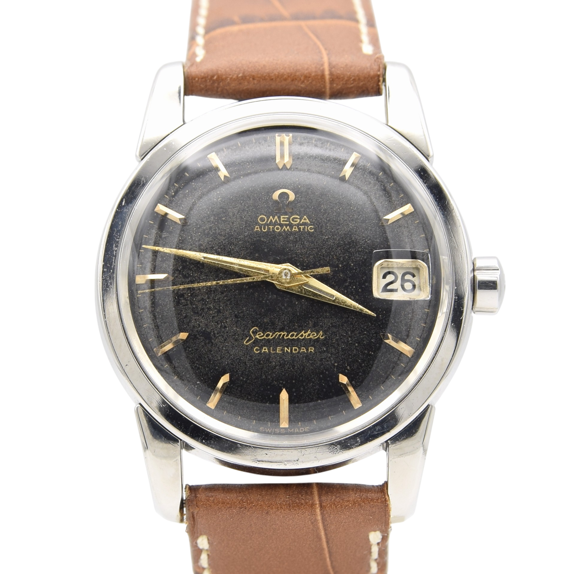 1958 Omega Seamaster 'Big Hippocampus' Automatic Calendar Wristwatch Model 2849 with Rare Original Black Dial