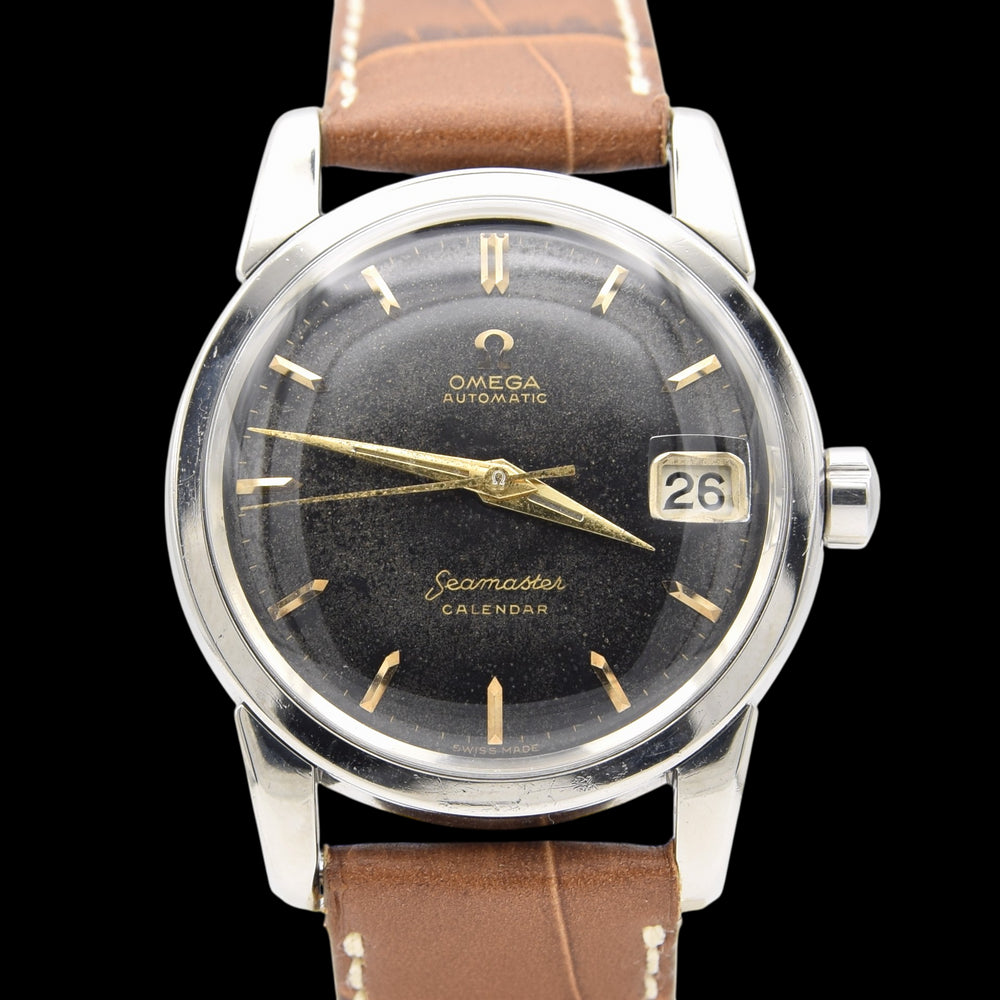 1958 Omega Seamaster 'Big Hippocampus' Automatic Calendar Wristwatch Model 2849 with Rare Original Black Dial