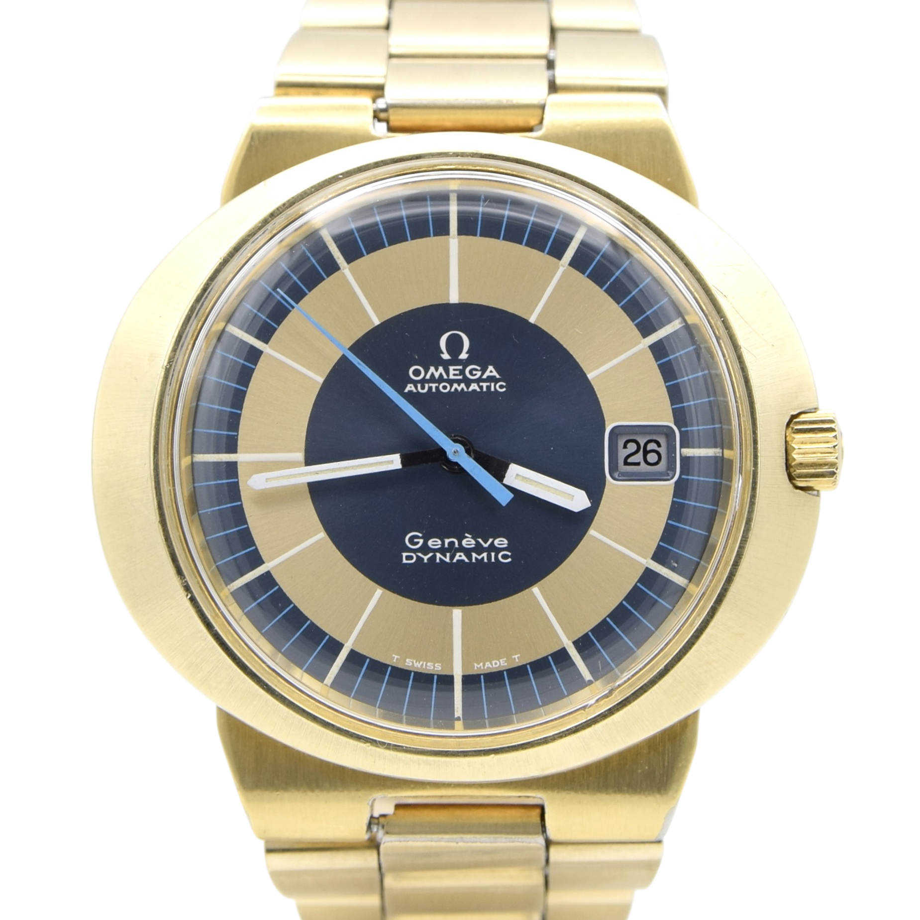 1971 Omega Geneve Dynamic Automatic Date with Gorgeous Two Tone Dial Model 166.039 in Gold Capped