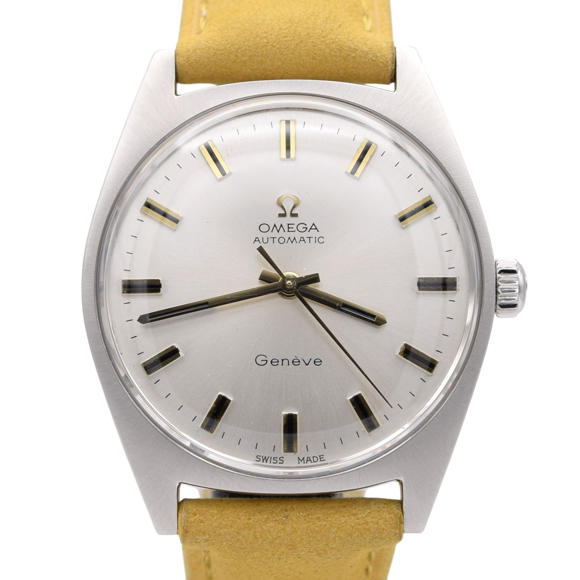 1968 Omega Genève Automatic with Satin Silver Sunburst dial in Steel Model 165.041 box & Papers