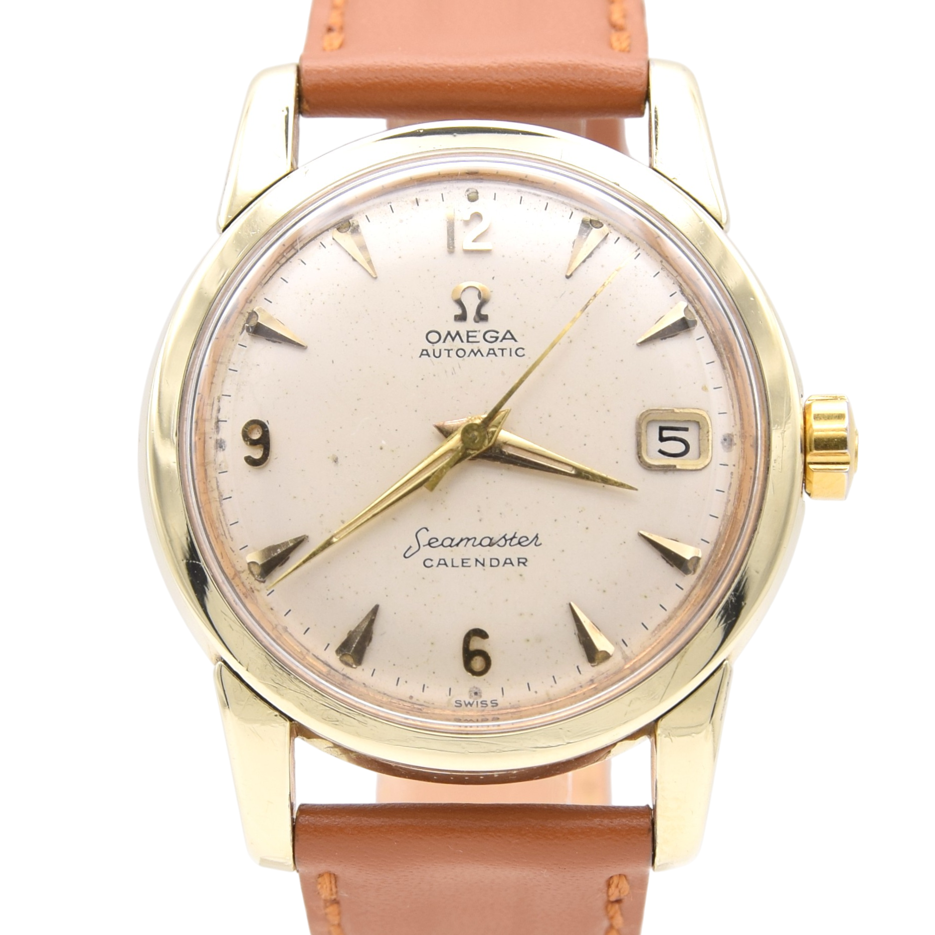 1958 Omega Seamaster Automatic Date Wristwatch Model 2849 with Original Off-White Dial Gold on steel case