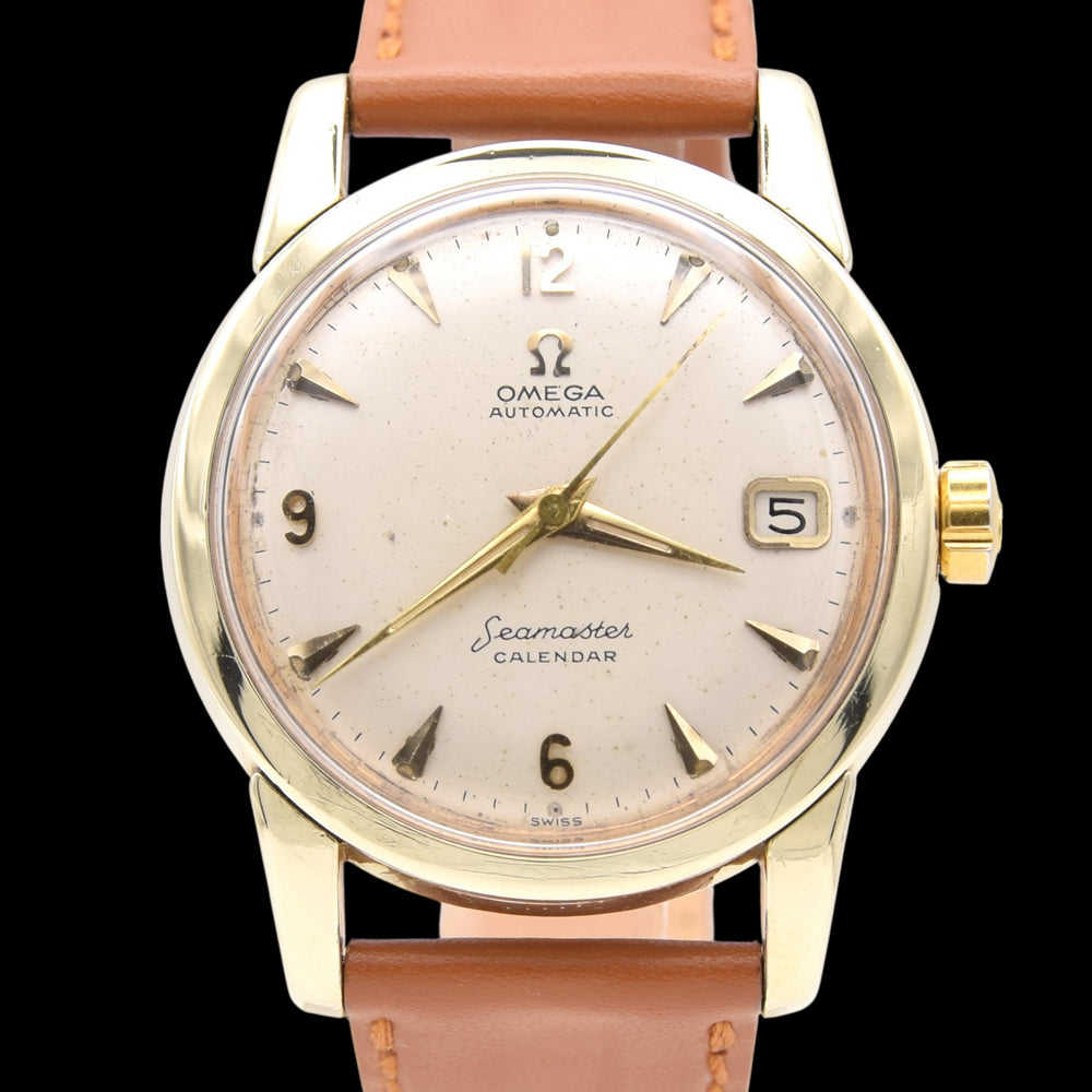 1958 Omega Seamaster Automatic Date Wristwatch Model 2849 with Original Off-White Dial Gold on steel case