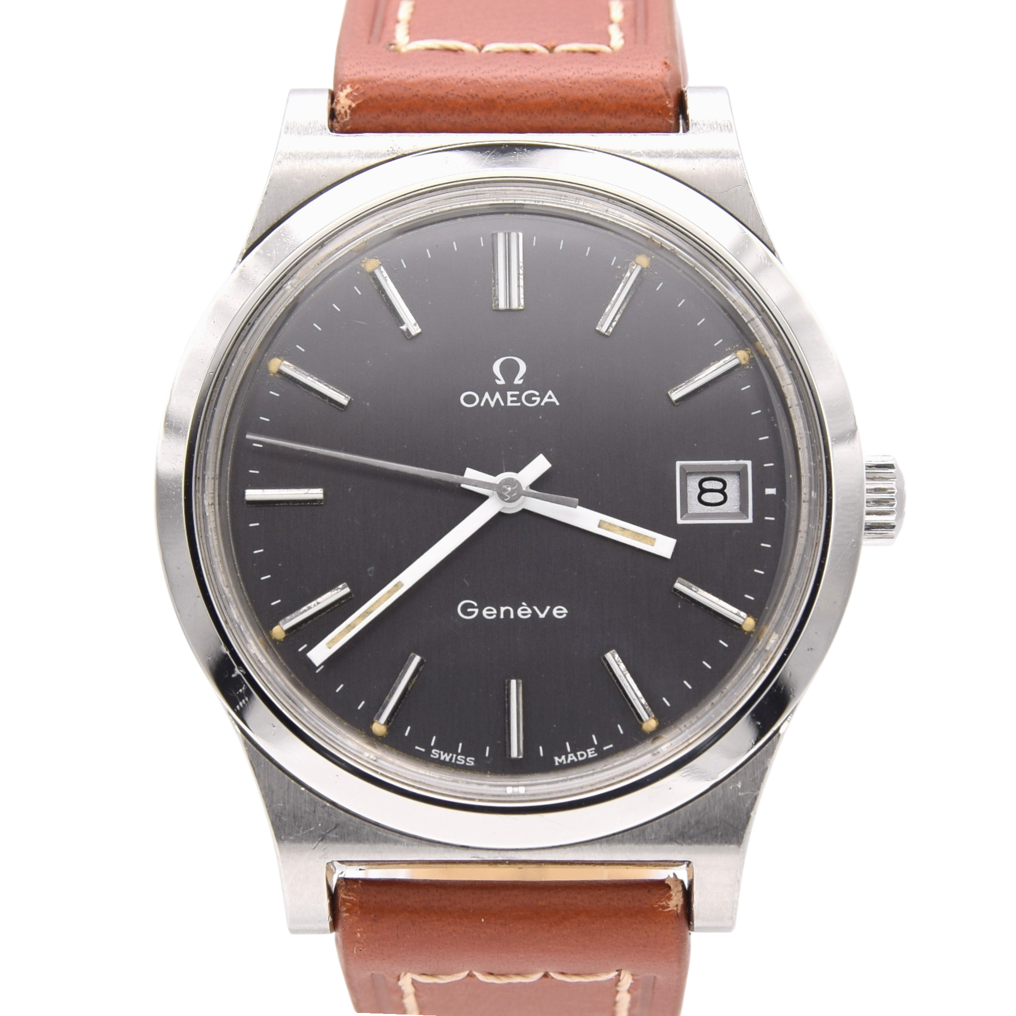 1974 Omega Geneve Date with Stunning Original Graphite Grey Dial Model 136.0102 cal 1030