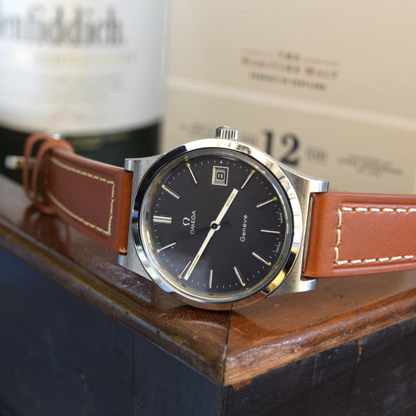 1974 Omega Geneve Date with Stunning Original Graphite Grey Dial Model 136.0102 cal 1030