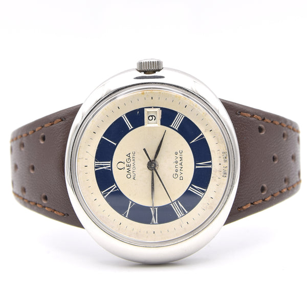1973 Omega Geneve Dynamic Automatic Date with Two Tone white and Blue Tuxedo Roman Dial Model 166.107