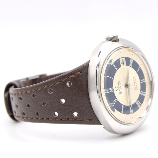 1973 Omega Geneve Dynamic Automatic Date with Two Tone white and Blue Tuxedo Roman Dial Model 166.107
