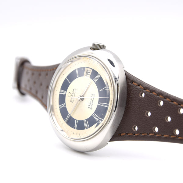 1973 Omega Geneve Dynamic Automatic Date with Two Tone white and Blue Tuxedo Roman Dial Model 166.107