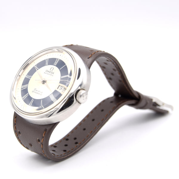 1973 Omega Geneve Dynamic Automatic Date with Two Tone white and Blue Tuxedo Roman Dial Model 166.107