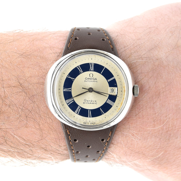 1973 Omega Geneve Dynamic Automatic Date with Two Tone white and Blue Tuxedo Roman Dial Model 166.107