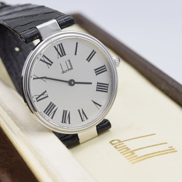 1977 Alfred Dunhill silver 925 sterling Clous de Paris hobnail guilloché. dial swiss mechanical Wristwatch with strap - buckle - box