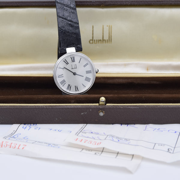 1977 Alfred Dunhill silver 925 sterling Clous de Paris hobnail guilloché. dial swiss mechanical Wristwatch with strap - buckle - box