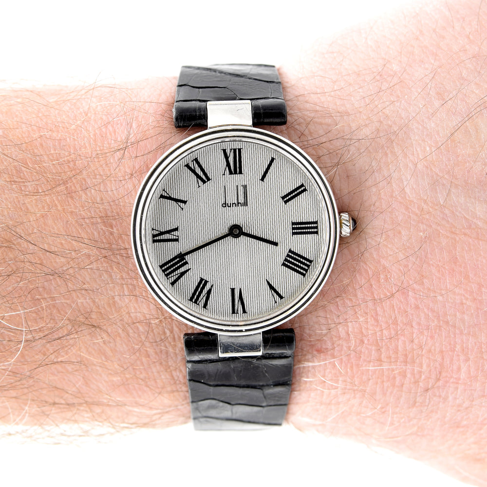 1977 Alfred Dunhill silver 925 sterling Clous de Paris hobnail guilloché. dial swiss mechanical Wristwatch with strap - buckle - box