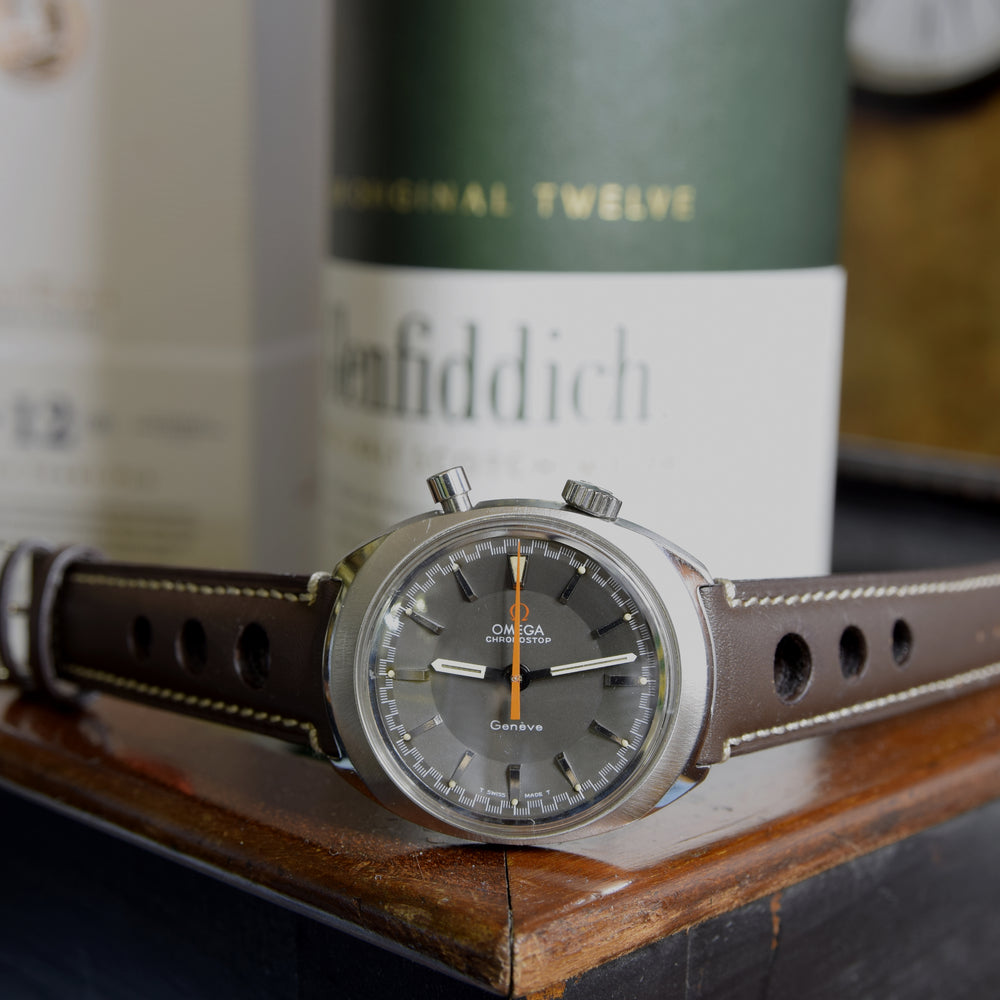 1967 Omega Chronostop Genéve Rarer drivers Model 145.010 with Grey Sloped Dial in Stainless Steel