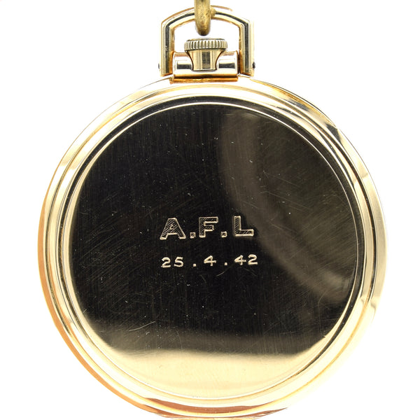 1938 Movado Ultra slim Solid 9ct Gold Art Deco Pocket Watch, Retailed by The Goldsmiths & Silversmiths Co. Ltd