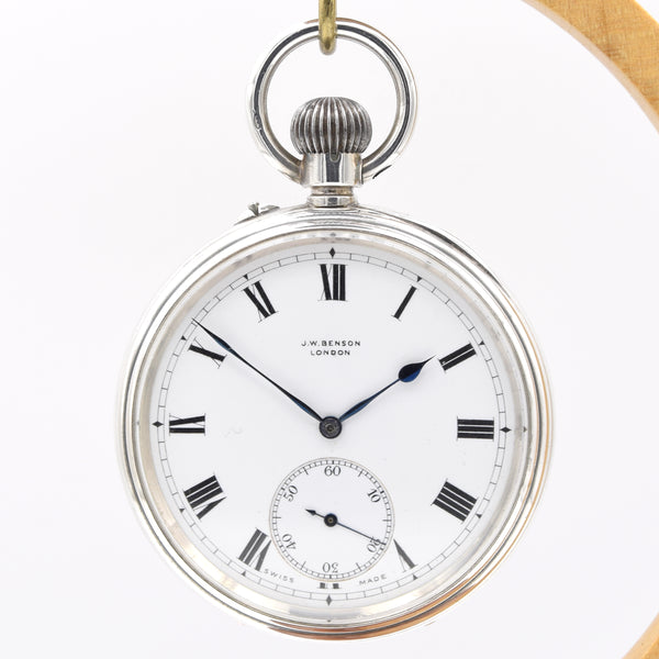 1908 Jw Benson retailed solid sterling silver open faced topwind pocketwatch by longines