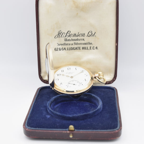 1924 Jw Benson of London solid 9ct gold English made half hunter pocket watch with original box