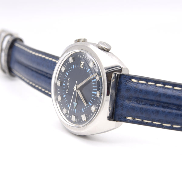1973 Bulova rare swiss Alarm wristwatch ref 7241 - Blue dial 11AURCD caliber 36mm