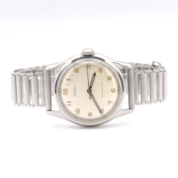 1950s Cyma Watersport steel wristwatch original all-Arabic military dial on rare GF Bonklip bracelet