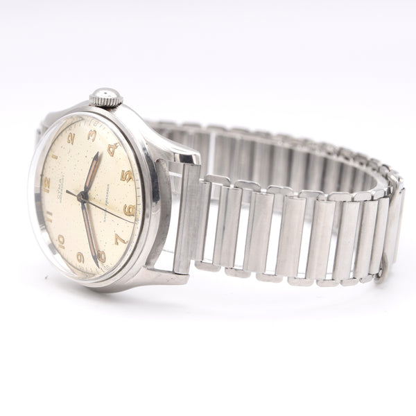 1950s Cyma Watersport steel wristwatch original all-Arabic military dial on rare GF Bonklip bracelet
