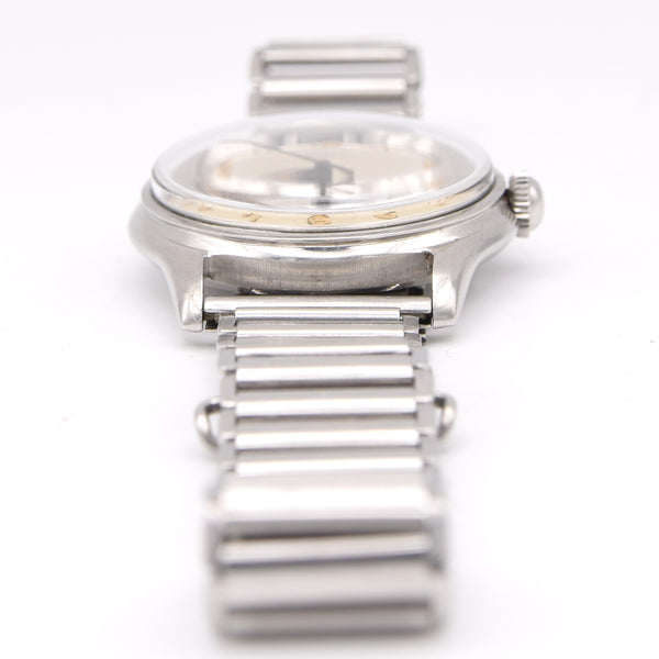 1950s Cyma Watersport steel wristwatch original all-Arabic military dial on rare GF Bonklip bracelet