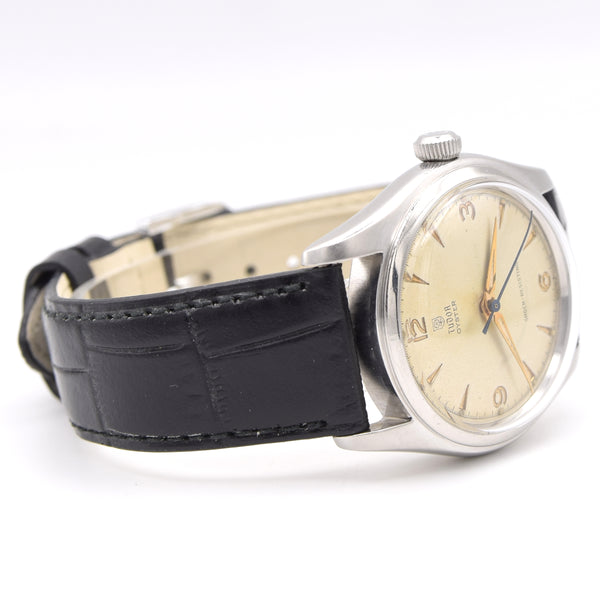 1948 Tudor Oyster Ref 7804 steel watch with original explorer-style dial, 34mm, patent Oyster crown
