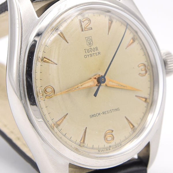 1948 Tudor Oyster Ref 7804 steel watch with original explorer-style dial, 34mm, patent Oyster crown